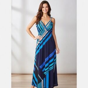 Chico's Blue Geometric Print Maxi Dress Sleeveless Sundress Size XL Cruise Beach